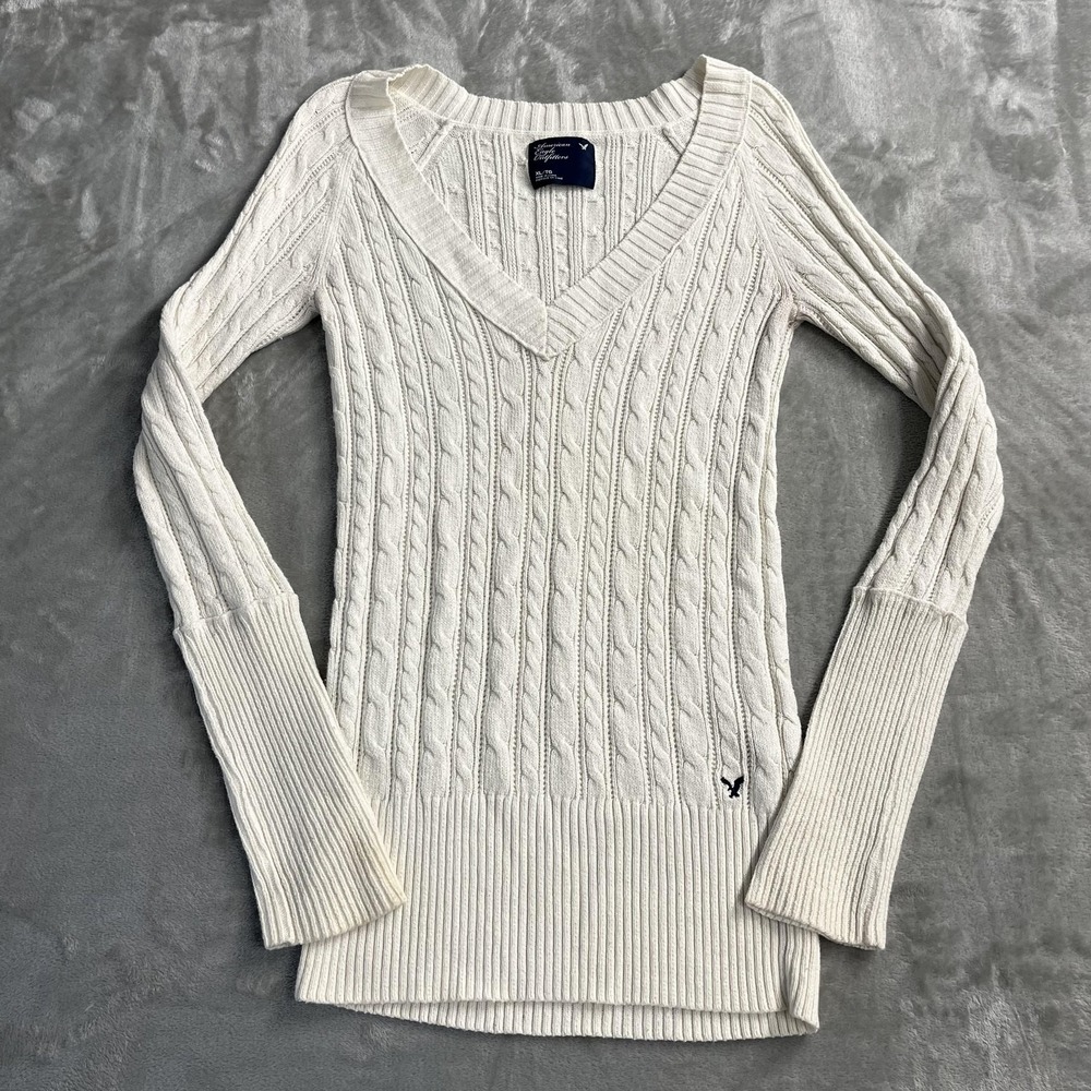 American Eagle Sweater Womens XL‎ White Cream V Neck Cable Knit Pullover Y2K